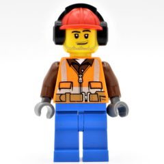 Minifigurka LEGO Construction Worker, Orange Safety Vest with Zipper over Reddish Brown Shirt, Blue Legs, Red Hard Hat with Ear Defenders, Stubble
