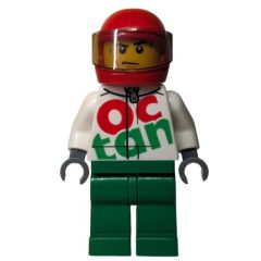 Minifigurka LEGO Racer, White and Green Jumpsuit with Large 'Octan', Red Helmet with Visor, Sweat Beads
