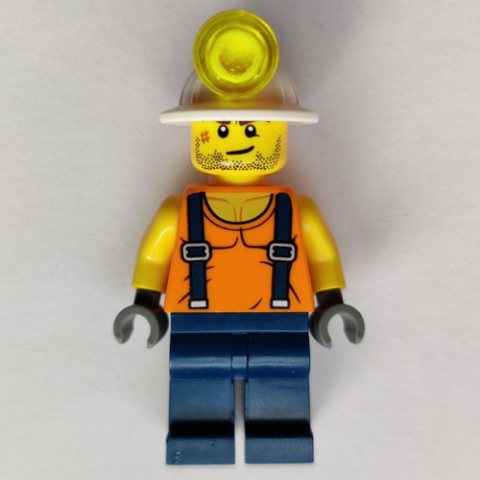 Minifigurka LEGO Miner, Orange Vest with Suspenders, Mining Hat, Stubble and Scar