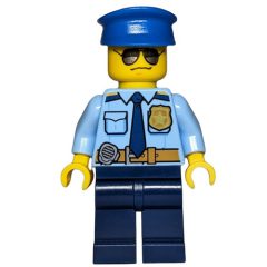 Minifigurka LEGO Policeman, Bright Light Blue Shirt with Dark Blue Tie, Badge, and Radio on Belt, Dark Blue Legs, Blue Hat, Sunglasses