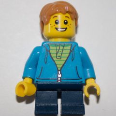 Minifigurka LEGO Boy, Open Dark Azure Hoodie with Zipper, Short Dark Blue Legs, Medium Dark Flash Hair