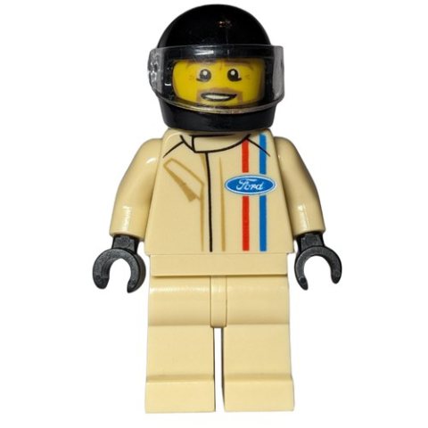 Minifigurka LEGO Race Driver, Tan Torso, Tan Legs, Black Helmet, Ford