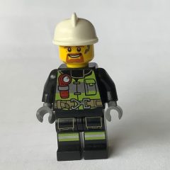 Minifigurka LEGO Fireman Fred, Black Fire Suit with Gauge and Straps, White Helmet, Goatee Beard