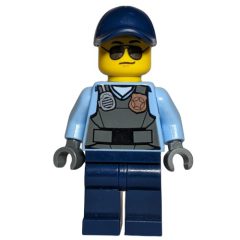 Minifigurka LEGO Policeman, Dark Bluish Gray Vest with Radio, Badge, and 'POLICE' on Back over Medium Blue Shirt, Dark Blue Cap, Sunglasses