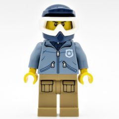 Minifigurka LEGO Policeman, Sand Blue Jacket with Pockets and 'POLICE' on Back, Dark Blue Dirt Bike Helmet with Goggles