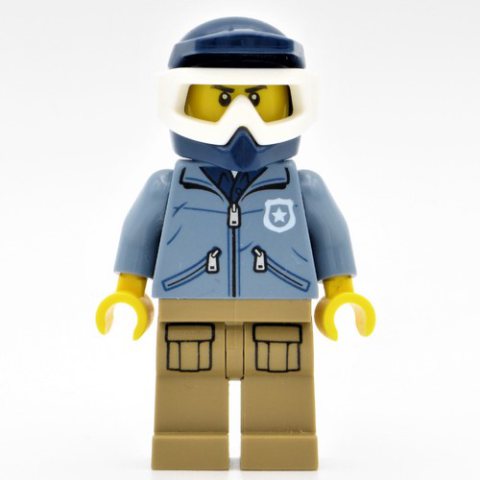 Minifigurka LEGO Policeman, Sand Blue Jacket with Pockets and 'POLICE' on Back, Dark Blue Dirt Bike Helmet with Goggles