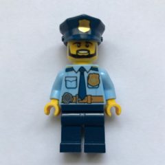 Minifigurka LEGO Policeman Captain Ember, Bright Light Blue Shirt with Radio and Badge, Dark Blue Legs, Police Hat with Badge, Beard