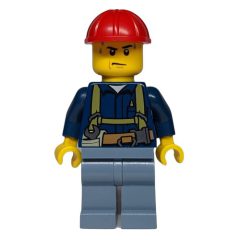 Minifigurka LEGO Construction Worker, Dark Blue Shirt with Harness, Red Hard Hat, Sweat Drops