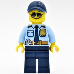 Minifigurka LEGO Policeman, Bright Light Blue Shirt with Dark Blue Tie, Badge, and Radio on Belt, Dark Blue Cap, Sunglasses