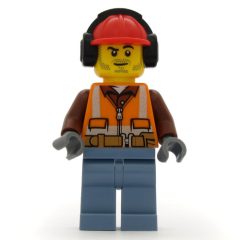 Minifigurka LEGO Construction Worker, Orange Safety Vest with Zipper over Reddish Brown Shirt, Sand Blue Legs, Red Hard Hat with Ear Defenders, Stubble