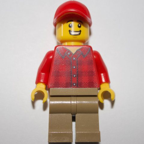 Minifigurka LEGO Man, Red Flannel Shirt, Dark Tan Legs, Red Cap