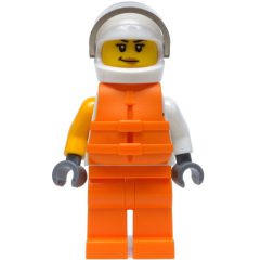 Minifigurka LEGO Racer, Woman, White and Orange Jumpsuit with 'VITA RUSH', White Helmet with Visor, Orange Life Vest