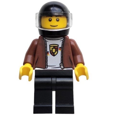 Minifigurka LEGO Reddish Brown Jacket, Porsche Sweater, Black Legs