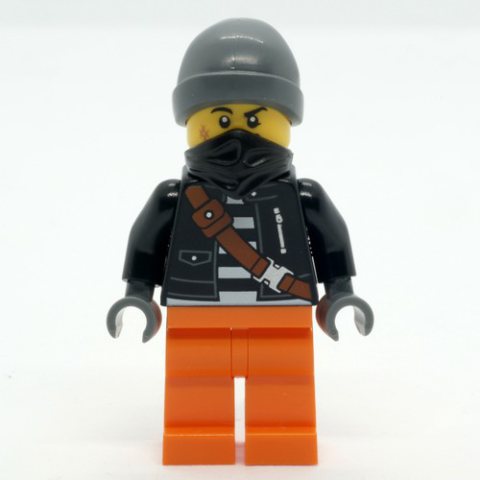 Minifigurka LEGO Crook, Black Jacket, Orange Legs, Black Bandana, Dark Bluish Gray Hat
