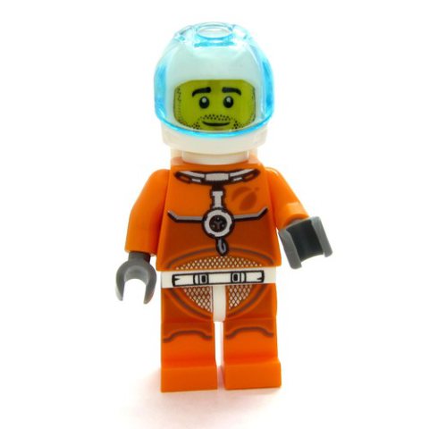 Minifigurka LEGO Astronaut - Orange Torso and Legs, White Helmet, Trans-Light Blue Visor, Beard