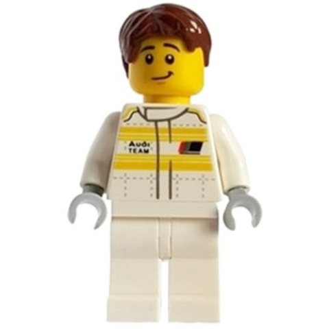 Minifigurka LEGO Race Driver, Audi, White Torso, White Legs, Reddish Brown Hair