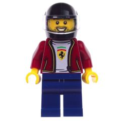 Minifigurka LEGO Race Driver, Dark Red Torso, Dark Blue Legs, Black Helmet