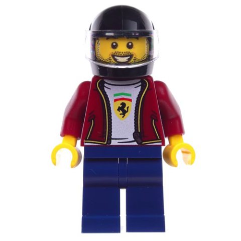 Minifigurka LEGO Race Driver, Dark Red Torso, Dark Blue Legs, Black Helmet