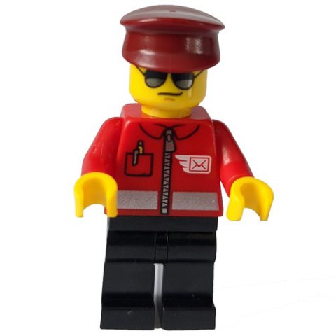 Minifigurka LEGO Postal Worker, Red Jacket with Winged Letter Logo, Black Legs, Dark Red Hat, Sunglasses