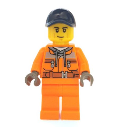 Minifigurka LEGO Construction Worker, Safety Jacket over Hoodie with Belt, Orange Legs, Dark Blue Cap