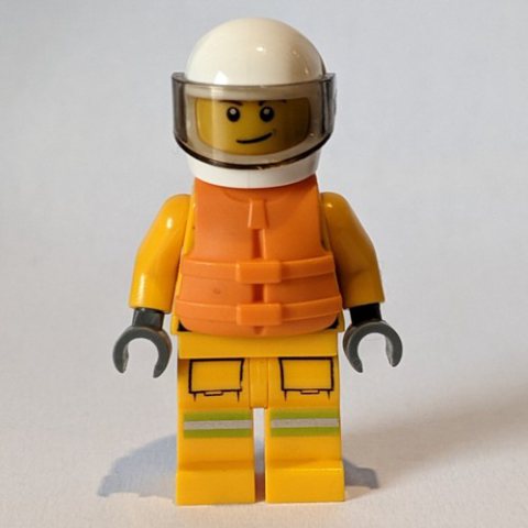 Minifigurka LEGO Fireman, Bright Light Orange Fire Suit, White Helmet with Visor, Orange Life Vest