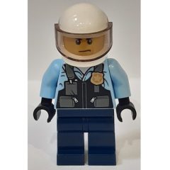 Minifigurka LEGO Policeman, Black Vest with Badge and Pouches over Bright Light Blue Shirt, Dark Blue Legs, White Helmet with Visor