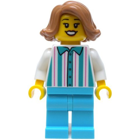 Minifigurka LEGO Woman, Shirt with White and Dark Turquoise Stripes, White Legs, Medium Nougat Hair