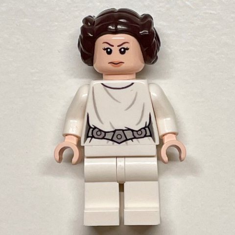 Minifigurka LEGO Princess Leia, White Robe, Dark Brown Hair, Decorative Belt, Dual Sided Head Closed Mouth / Smile