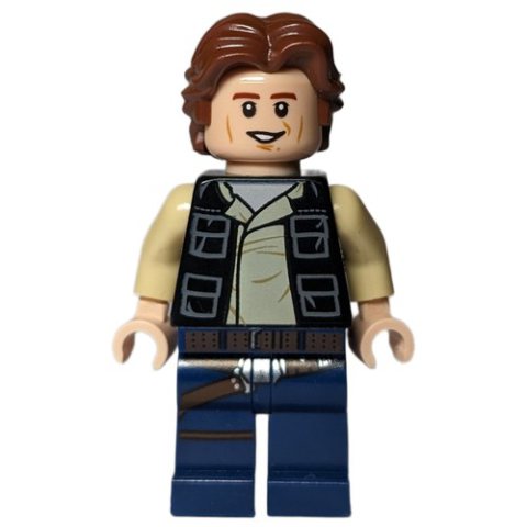Minifigurka LEGO Han Solo, Black Vest, Dark Blue Legs, Ruffled Hair