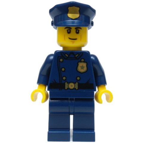 Minifigurka LEGO Policeman, Dark Blue Suit with Large Lapels and Gold Buttons, Police Hat