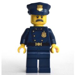 Minifigurka LEGO Policeman, Dark Blue Suit with Large Lapels and Gold Buttons, Police Hat, Moustache