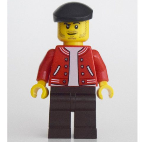 Minifigurka LEGO Man, Red Letterman Jacket, Dark Brown Legs, Black Beret