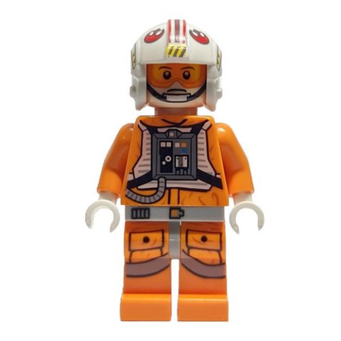Minifigurka LEGO Luke Skywalker, Orange Rebel Pilot Outfit, Light Bluish Gray Hips, White Hands, Visor on One Side of Head