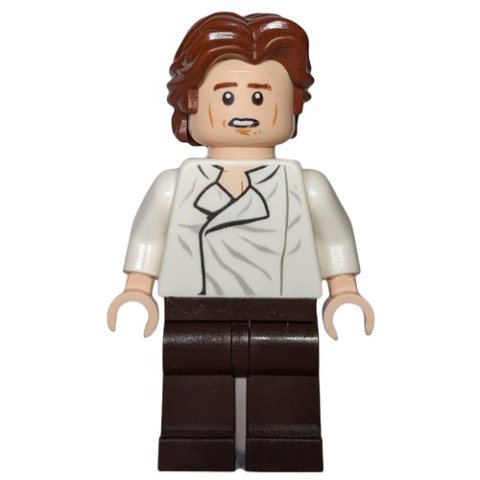 Minifigurka LEGO Han Solo, White Shirt, Dark Brown Legs, Dual Sided Head Open Mouth / Closed Eyes with Closed Mouth, Ruffled Hair