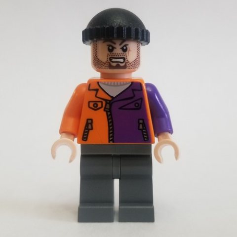 Minifigurka LEGO Two-Face's Henchman in Orange and Purple Outfit with Beard