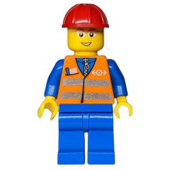 Minifigurka LEGO Worker - Orange Safety Vest, Blue Legs, Red Helmet, Glasses