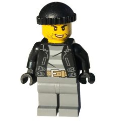 Minifigurka LEGO Criminal, Open Black Jacket over Prison Shirt, Dark Bluish Grey Legs, Black Hat, Stubble