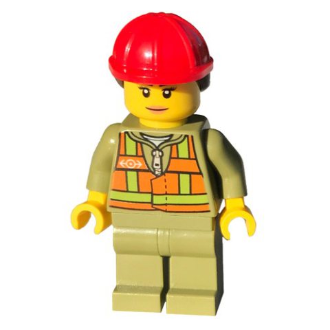 Minifigurka LEGO Train Driver - Orange Vest, Olive Green Legs, Red Helmet, Female