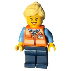 Minifigurka LEGO Train Worker - Orange Vest, Dark Blue Legs, Light Yellow Hair, Female