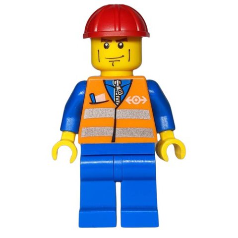Minifigurka LEGO Worker - Orange Safety Vest, Blue Legs, Red Helmet