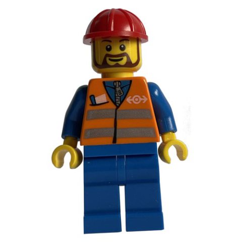 Minifigurka LEGO Worker - Orange Safety Vest, Blue Legs, Red Helmet, Brown Beard