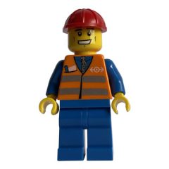 Minifigurka LEGO Worker - Orange Safety Vest, Blue Legs, Red Helmet, Grin