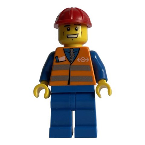 Minifigurka LEGO Worker - Orange Safety Vest, Blue Legs, Red Helmet, Grin