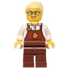 Minifigurka LEGO Barista, Woman, White Torso, Reddish Brown Apron, Bright Light Yellow Hair