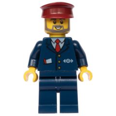 Minifigurka LEGO Conductor - Dark Blue Jacket, Dark Blue Legs, Dark Red Hat, Glasses, Beard