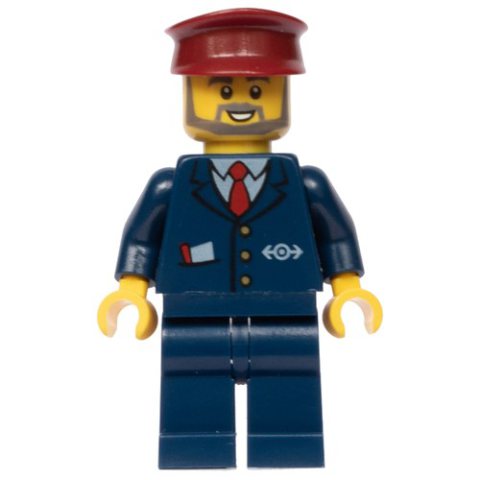Minifigurka LEGO Conductor - Dark Blue Jacket, Dark Blue Legs, Dark Red Hat, Glasses, Beard
