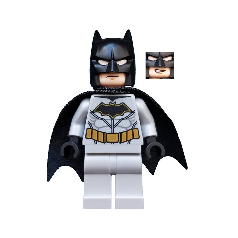 Minifigurka LEGO Batman, Light Bluish Gray Suit, Black Cape and Cowl, Light Nougat Head, Gold Trim Batman Logo