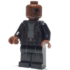Minifigurka LEGO Nick Fury in Long Black Coat Over Gray Sweater, Line on Hips