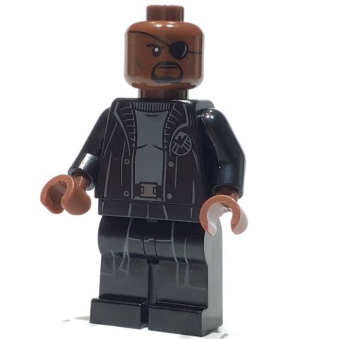 Minifigurka LEGO Nick Fury in Long Black Coat Over Gray Sweater, Line on Hips