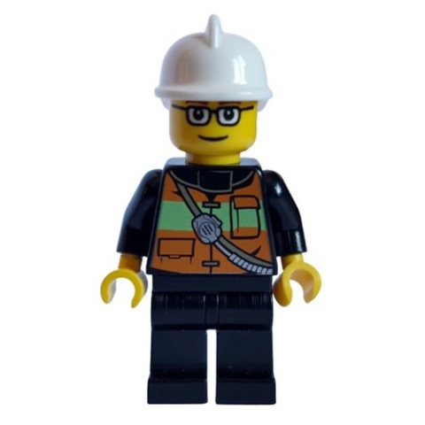 Minifigurka LEGO Fireman with Reflective Stripe Vest with Pockets and Radio on Shoulder Strap, White Helmet, and Glasses